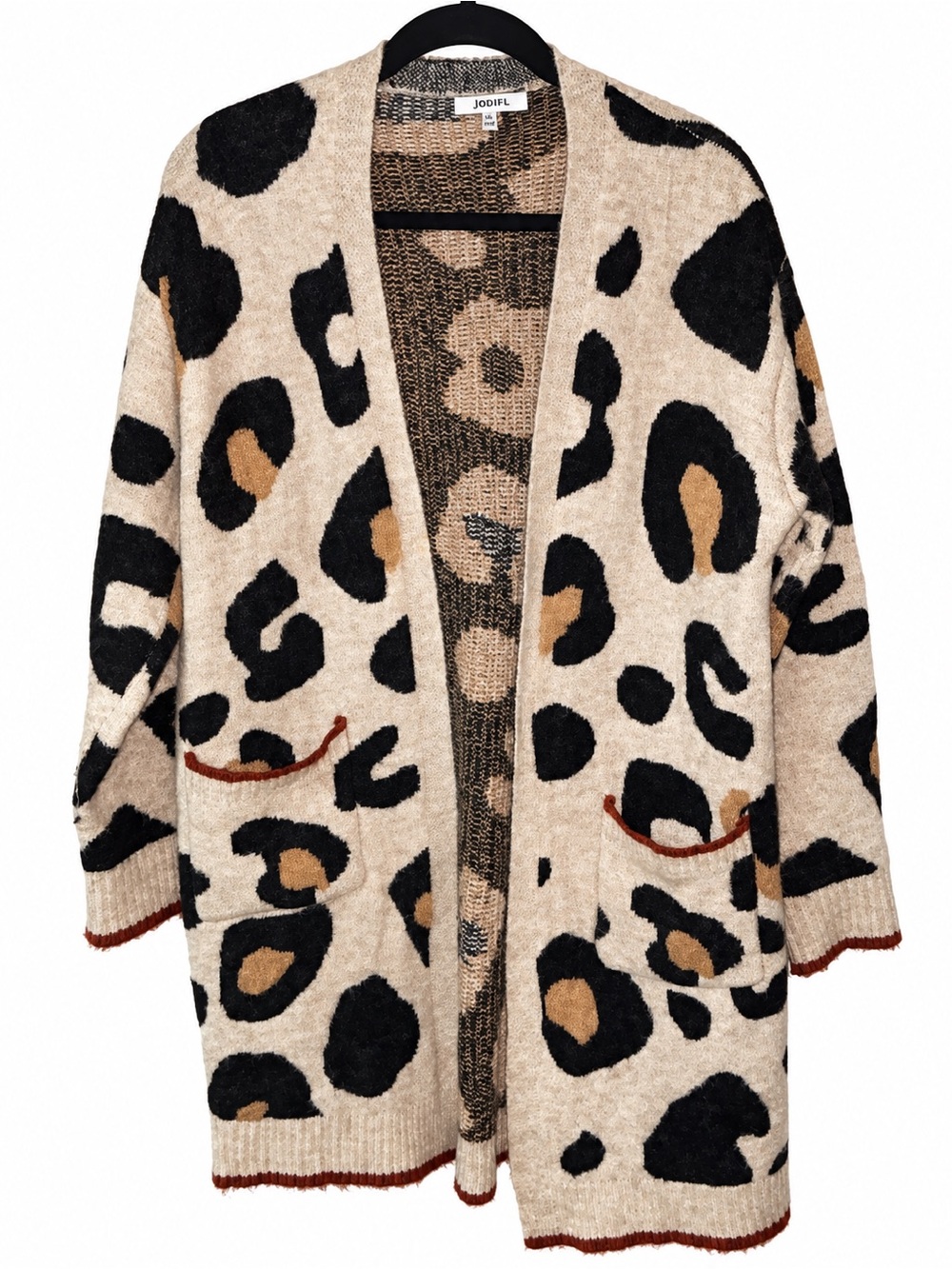 JODIFL Beige Leopard Print Open Cardigan with Black and Tan Spots
